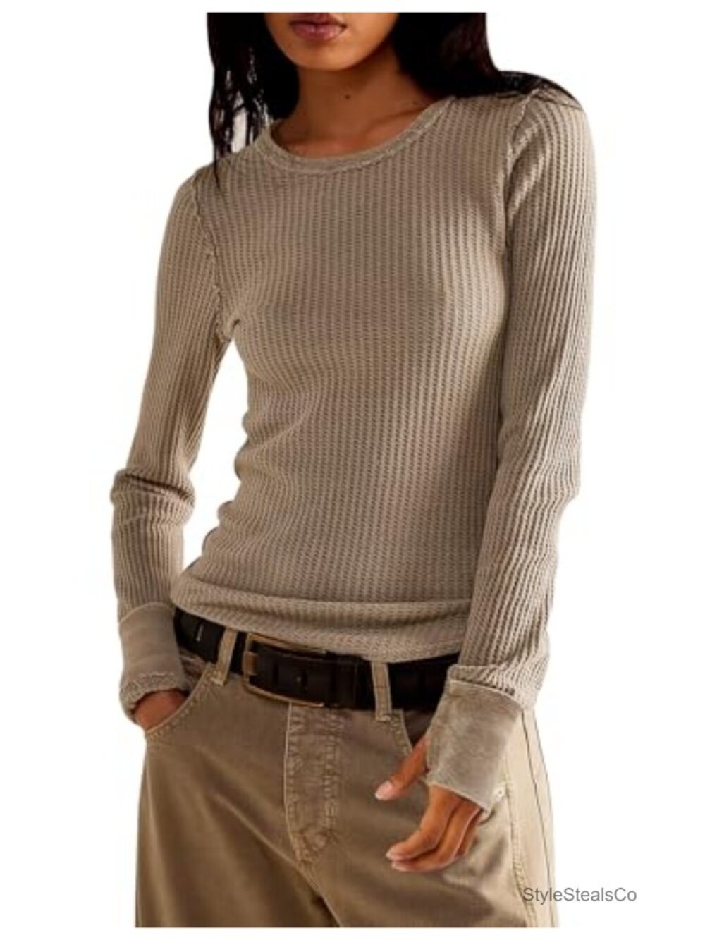 Waffle Knit Long Sleeve Fitted Crew Neck Pullover Top with Thumbhole Curved Hem